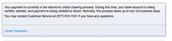 Xoom screenshot indicating the transaction will take up to four days 