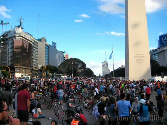 Bikers gather at the Obelico in Buenos Aires for Critical Mass