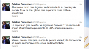 Tweet from Cristina Kirchner, Argentina's President after Obama's Win