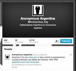 Anonymous Argentina twitter message after taking down INDEC webpage