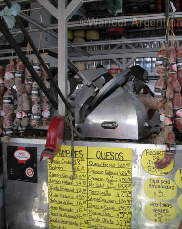 Meat and cheese prices at a stall in a Buenos Aires market