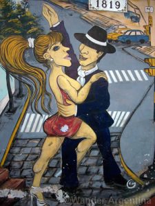 Cartoonish painting of a couple dancing tango