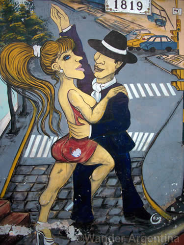 Cartoonish painting of a couple dancing tango 