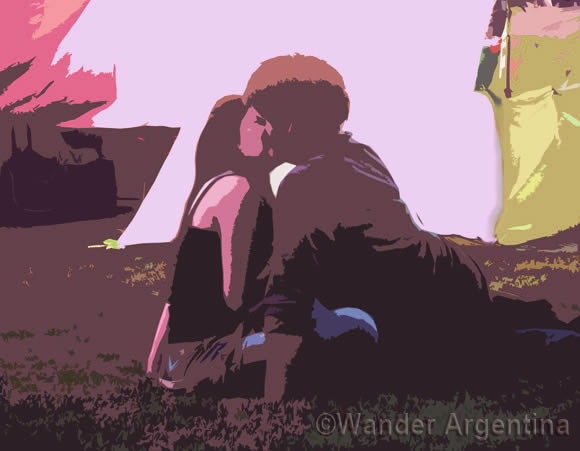 Illustration of a couple kissing in a park