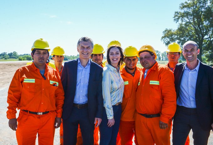 Argentine President Mauricio Macri with contruction workers in Lujan, Buenos Aires province