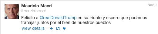 A tweet by Argentine President, Mauricio Macri congratulating Donald Trump on his U.S. presidential victory