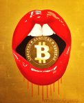 A painting of a pair of lips holding a bitcoin that hangs at Espacio Bitcoin Community Center in Buenos Aires