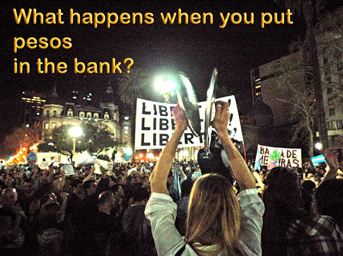 A crowd of people protesting economic policies in the Plaza de Mayo of Buenos Aires Argentina 