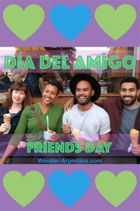 A group of friends eating ice cream with green and blue hearts and overlay of the words 'Día del Amigo' and 'Friends Day'