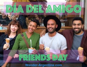 A group of four friends eating ice cream with an overlay of the words 'Dia del Amigo' (Friends Day)